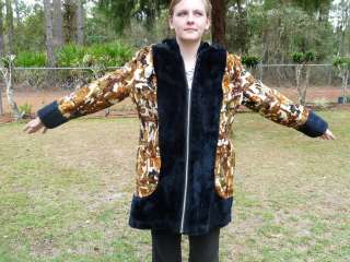 Vtg Womens CoS Abstract Browns TAPESTRY Faux FUR Hooded 