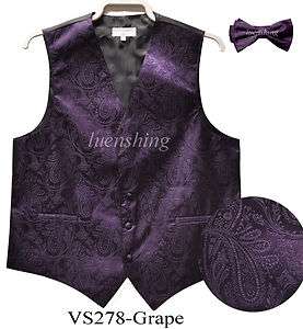 New Mens tuxedo vest waistcoat paisley with bow tie dark purple 2XL 