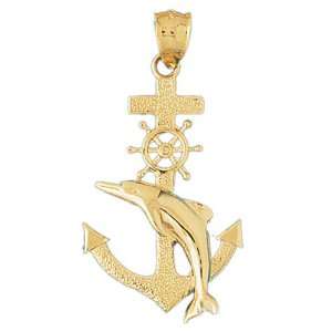   14kt Yellow Gold Anchor With Dolphin And Ships Wheel Pendant Jewelry