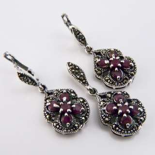 11+g Natural Ruby Real Gemstone Marcasite Sterling Silver Earring 