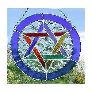  Blue Multi Color Jewish Star of David Stained Glass Sun 