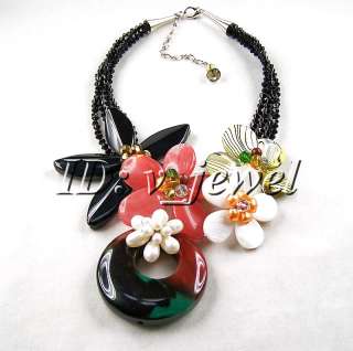 Shell pearl onyx crystal flower necklace/earring set VJ  