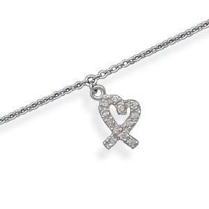  Anklet   Rhodium Over Sterling Silver with pave CZ Ribbon 