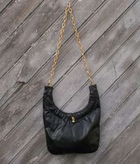 Vtg Black Gold Chain Shoulder Vegan Faux Leather Purse Bag 80s  