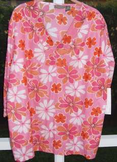 JANE ASHLEY PINK WHITE FLORAL ALL COTTON SUMMER TUNIC SHIRT TOP BLOUSE 