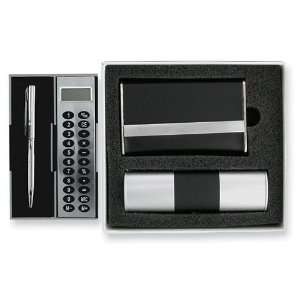  Silver tone and Faux Leather Calculator, Pen and Business 
