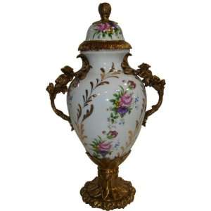 Porcelain Urn with Lid and Brass Accents   Hand painted with Floral 