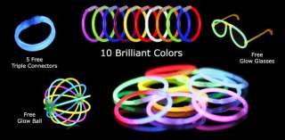 100 8” Premium Glow Bracelets (10 colors, glow glasses, glow balls 