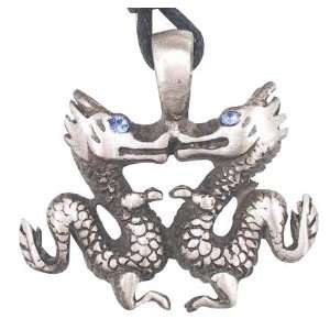  Blue Crystal Kissing Dragons Pewter Pendant Necklace 