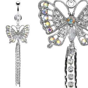 Surgical Steel Fancy Clear and Aurora Boreale Cz Gem Butterfly Belly 