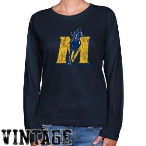   Navy Blue Distressed Logo Vintage Long Sleeve Classic Fit T shirt