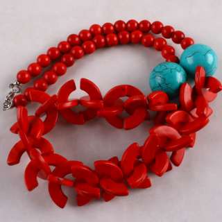 RED HOWLITE TURQUOISE ARC & BALL BEADS NECKLACE 23L  