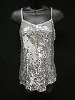 ROZAE NICHOLS Metallic Silver Silk Sequin Sleeveless Cropped Back Tank 