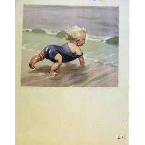  Baby Crawling Towards Sea Girl Playing In Sand Print