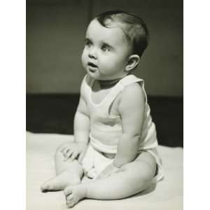 Baby Boy (12 18 Months) Sitting on Bedspread, Close Up Photographic 