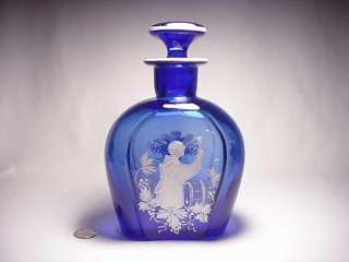   BLUE MARY GREGORY MONK CAMEO ART GLASS HORSESHOE DECANTER  
