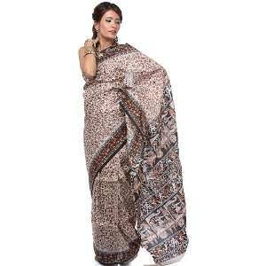  Tri Color Sari from Kolkata with Printed Figures   Pure 