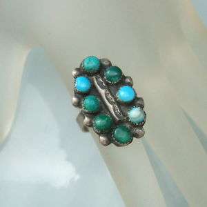 Old Petit Point Stamped Green Turquoise Sterling Silver Ring Size 6.5 