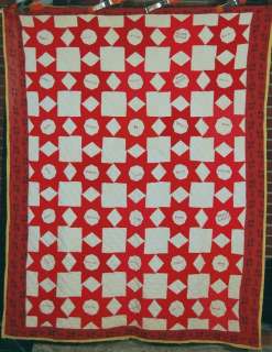 40s Red & White Touching Stars Antique Signature Quilt  