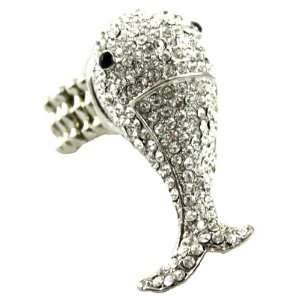 Unique Ice Crystal Covered Whale Fashion Ring with Black Crystal Eyes 