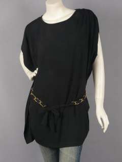 Black Asymmetrical Sleeve Belted Tunic Top L  