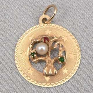 Vintage 14K Solid GOLD FAMILY TREE OF LIFE Pearl Jeweled CHARM Pendant 