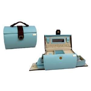 Bey Berk Blue & Brown Leather Steamer Travel Jewelry Box   9.75W x 6 