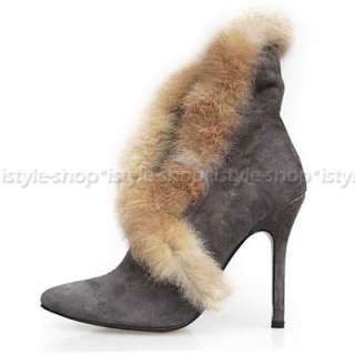 Designer Shoes Pointed Toe Fox Fur Cuff Ankle Boots  