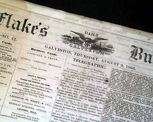 1866 GALVESTON TX Texas Post Civil War Newspaper w/ Ads  