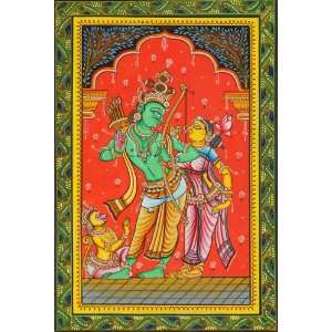 Shri Rama with Sita and Bhakta Hanuman   Water Color on Patti   Folk 