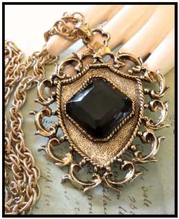 Vintage 1970s Smokey Grey Glass Rhinestone Gold Tone Pendant Necklace 