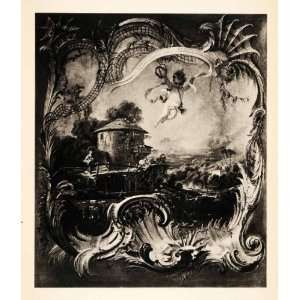 1937 Photogravure Landscape Arabesque Boucher Farmhouse Swirls Scrolls 
