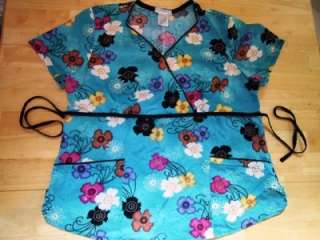 Womens Smock Scrub Floral Flowers Turquoise Tie Waist String Back 