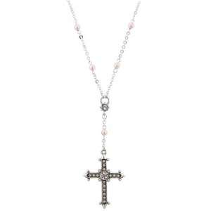  Silver Tone Crystal Pearl Cross Necklace Jewelry
