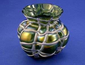Vintage Green Glass Vase with Basket Weave Texture  