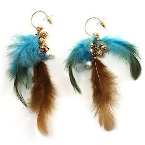  Gold Tone Boho Chic Feather Long Earrings (Blue&Brown 