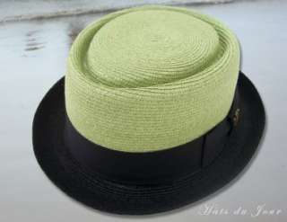 Biltmore Mint/Black Porkpie Style Straw Dress Hat.  