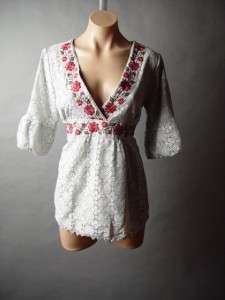   Folk Embroidered Crochet Doily Lace Boho Peasant Top Blouse M  