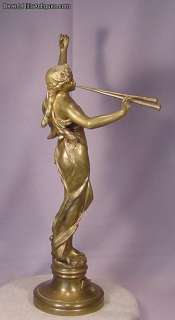 Antique Bronze Lady Blowing Horns Eugene Marioton  