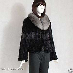 Mink Fur Knitted Jacket with Silver Blue Fox Fur Collar  