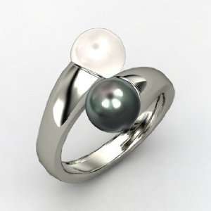 Pearl Duo Ring, Tahitian Cultured Pearl 18K White Gold Ring with White 