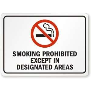  SMOKING PROHIBITED EXCEPT IN DESIGNATED AREAS Plastic Sign 