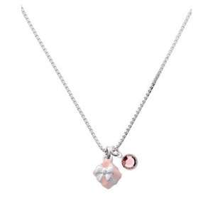   Pink Present Box with Silver Bow Charm Necklace with Light Pink Swa