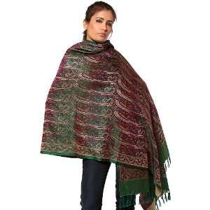 Islamic Green Stylized Paisley Banarasi Shawl with All Over Weave 