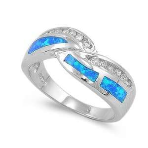 Sterling Silver Ring in Lab Opal   Blue Opal   Ring Face Height 8mm 