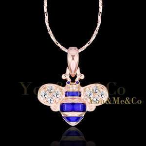 18k Rose Gold EP Brilliant Cut Crystal BLUE BEE Pendant Necklace 
