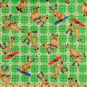   Skiing Reindeer Plaid Green Fabric By The Yard Arts, Crafts & Sewing