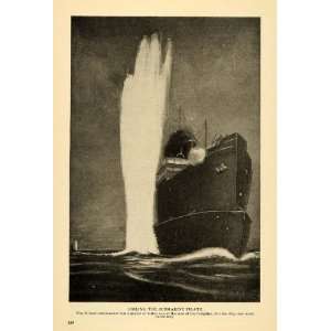   Freight Ship Attacked German U Boat Fire WWI   Original Halftone Print