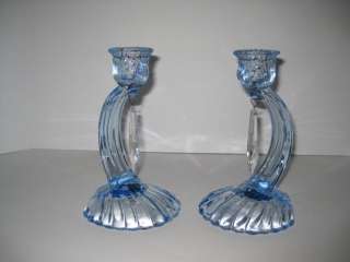 Pair Candlesticks Prisms Cambridge Glass Caprice Blue  