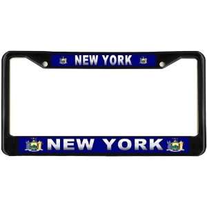  New York State Name Flag Black License Plate Frame Metal 